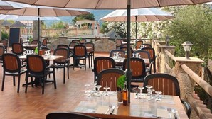 An outdoor dining area with tables and chairs, large umbrellas, and a stone wall with a view of the landscape. - ZEcamping 3* 1km plage piscine chiens acceptés locatif TV clim 25m2 (Viggianello)