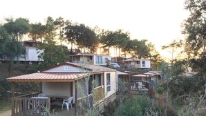 A row of mobile homes with outdoor decks and furniture, surrounded by trees. - ZEcamping 3* 1km plage piscine chiens acceptés locatif TV clim 25m2 (Viggianello)