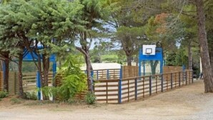 Un espacio al aire libre rodeado de vallas, con árboles y una estructura azul.