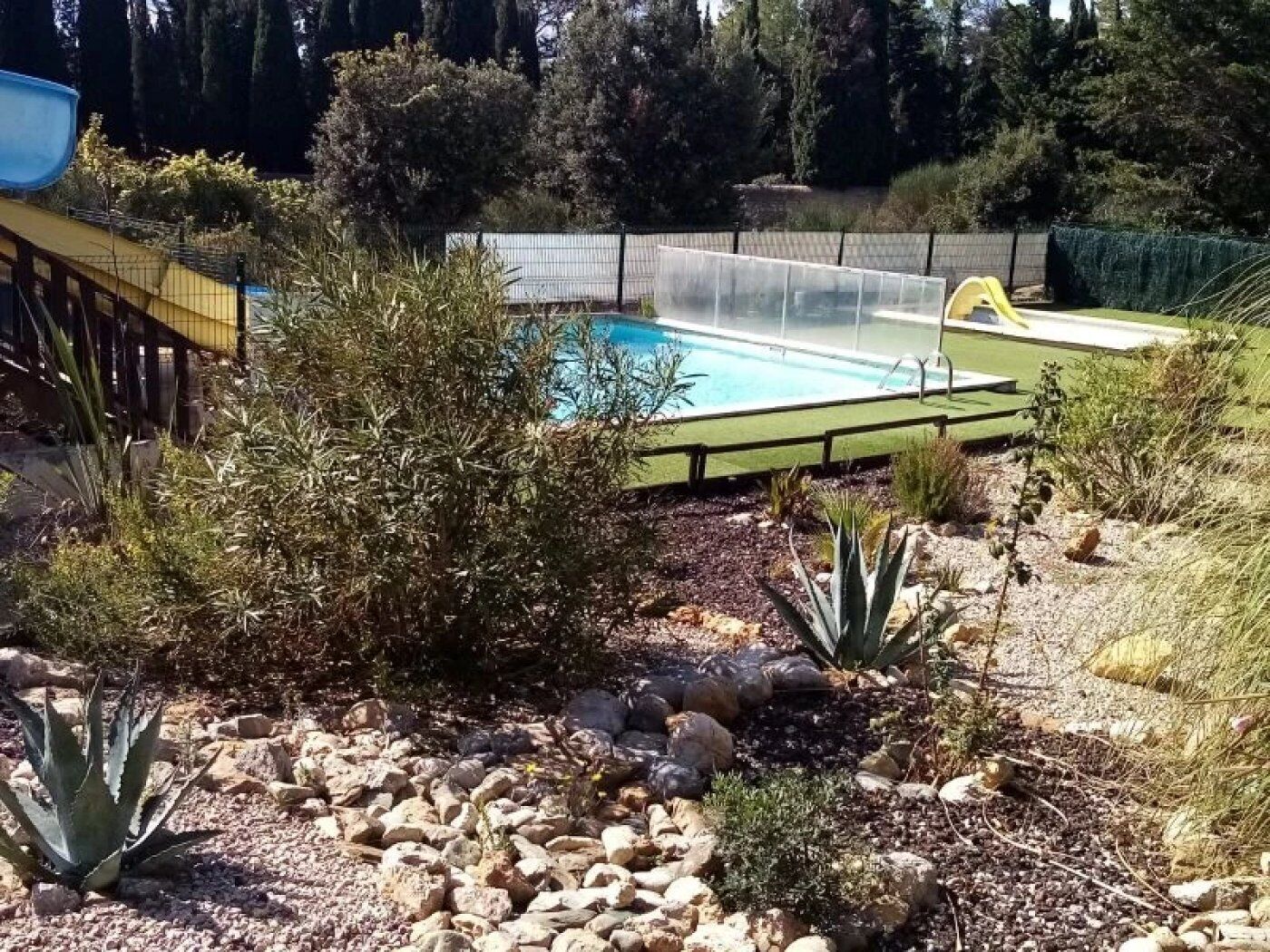 A backyard with a swimming pool, surrounded by rocks and various plants.