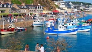 A harbor with various boats docked, a waterfront promenade, and buildings along the shore. - ZEcamping 3* piscine couverte animaux acceptés animations locatif TV (Erquy)