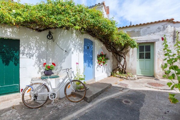 A white building with a green door, a blue door, and a bicycle parked in front.