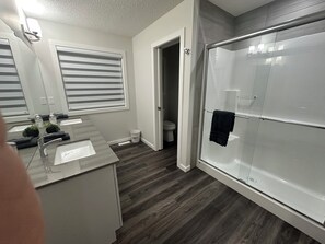 Hair dryer, towels, soap, shampoo
