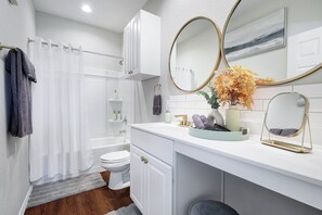 Hair dryer, towels, soap, shampoo