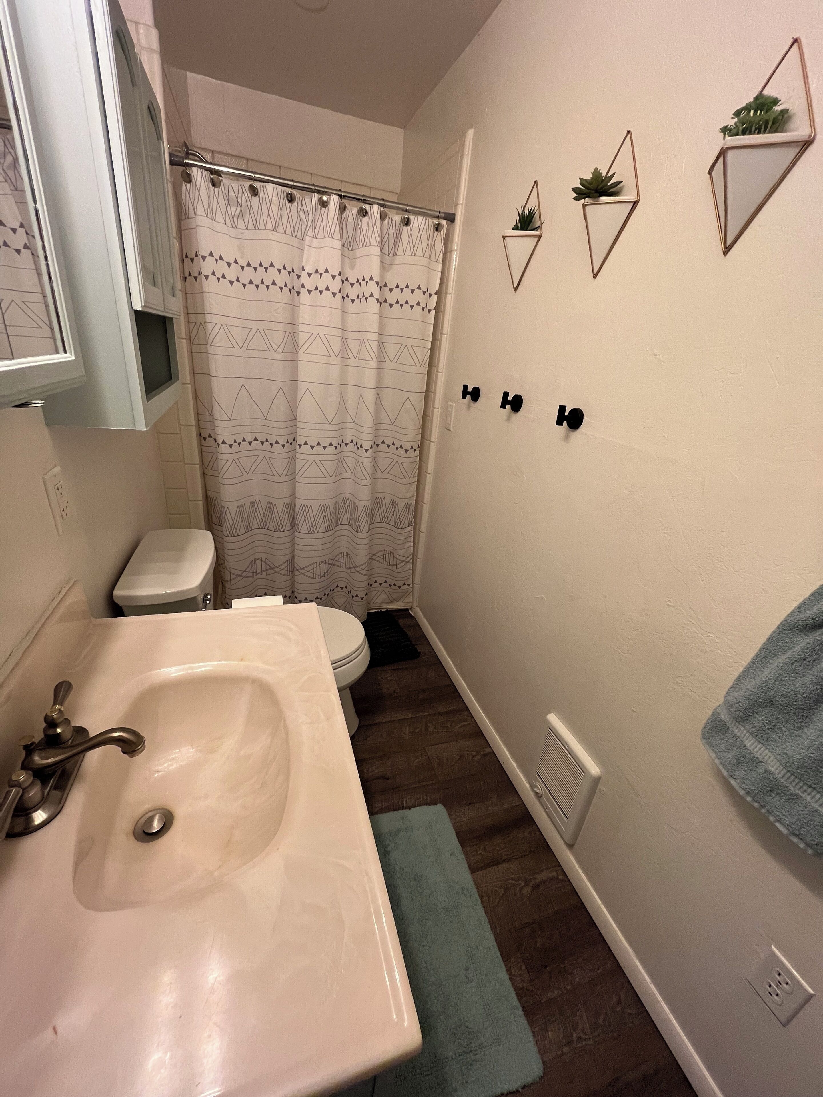 Une salle de bain avec un lavabo blanc, des toilettes et un rideau de douche. Il y a trois crochets à serviettes fixés au mur et une petite plante en pot posée sur le mur.