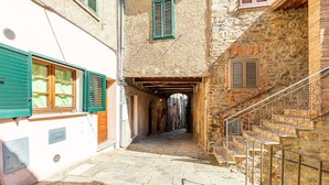 Un estrecho sendero de piedra entre edificios con contraventanas de madera y una escalera de metal.