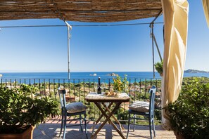 A terrace with a table, chairs, and potted plants, overlooking a coastal view.