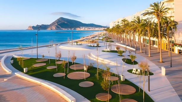A coastal promenade with a curved pathway, palm trees, and a view of the sea and a mountain. - Apartment 'Altea Beach' with Sea View, Wi-Fi and Air Conditioning (Altea)