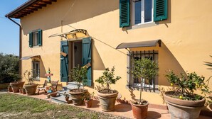 A yellow building with green shutters, potted plants, and a door.