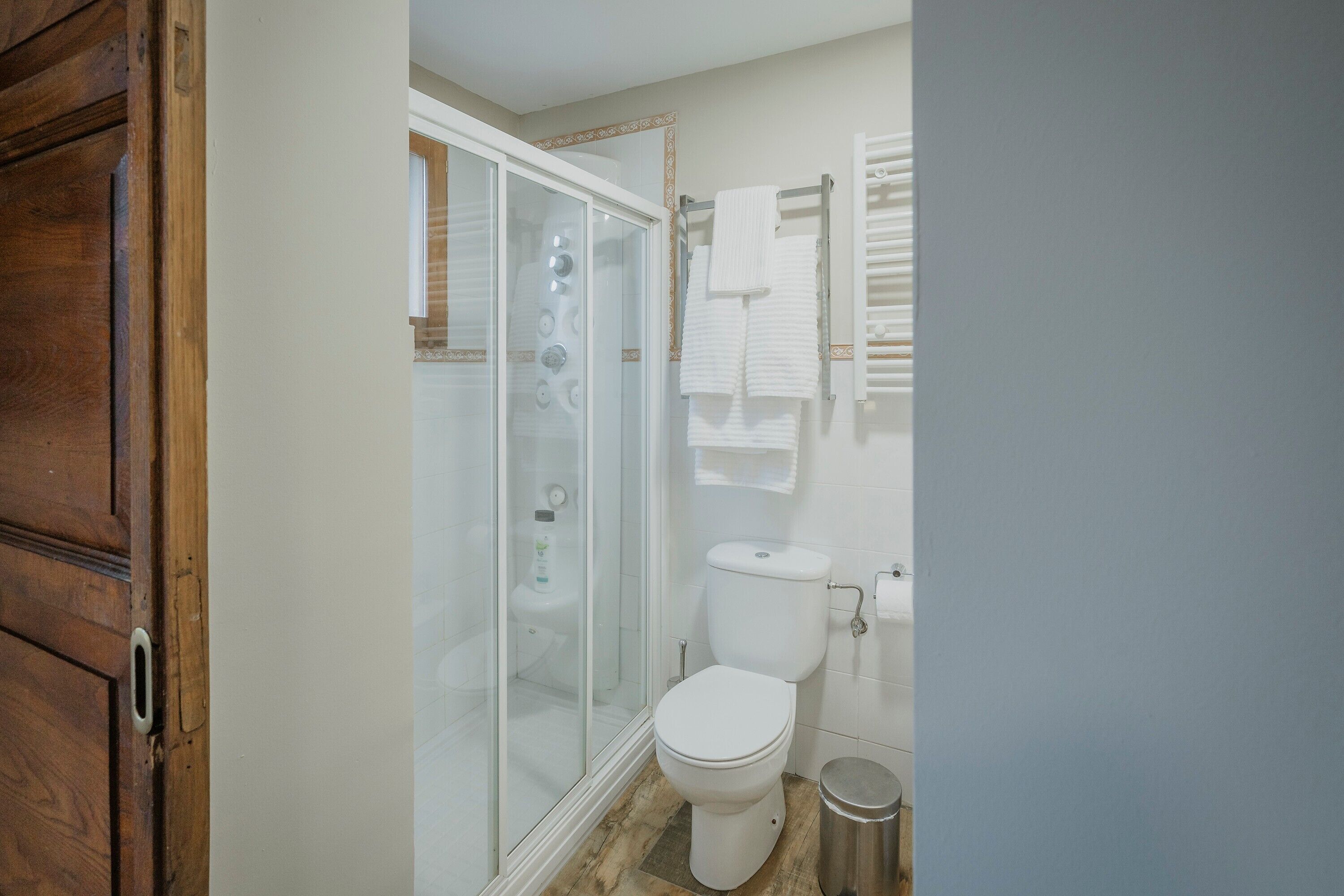 A bathroom with a glass-enclosed shower, a toilet, a trash can, and a towel rack.