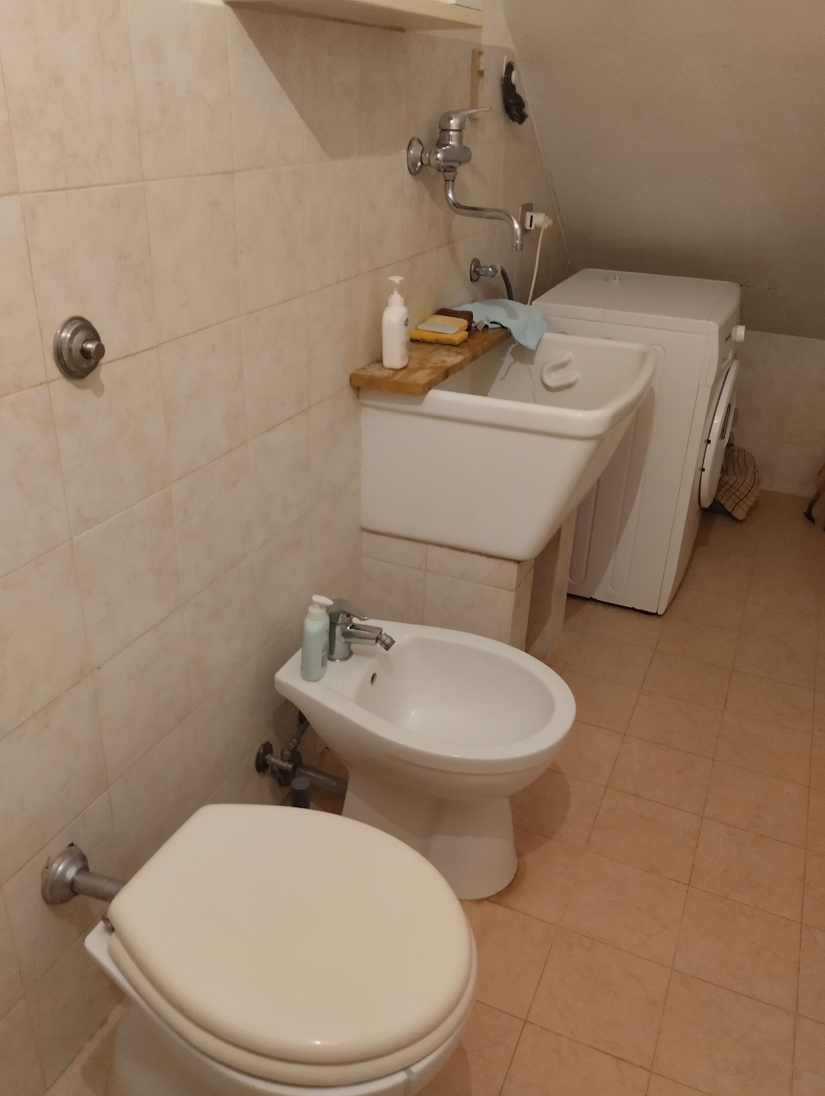 A bathroom with a toilet, bidet, and washing machine.