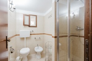 Chuveiro, secador de cabelo, toalhas de banho 