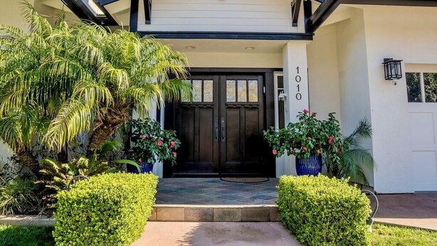 A modern building with a black entrance door, a number '1010' on the wall, and well-maintained landscaping including a palm tree and potted plants.