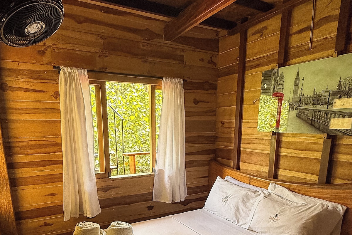 A wooden cabin room with a bed, two windows with curtains, a fan, and a painting on the wall.