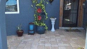 Un patio con un muro azul, una puerta de madera y plantas en macetas.