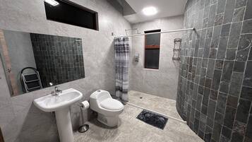 Shower, hair dryer, towels, soap