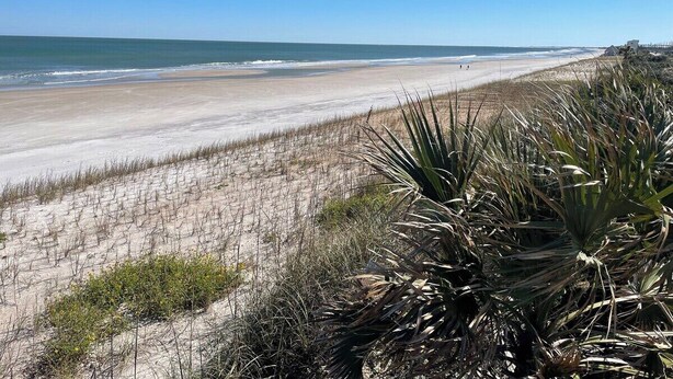 A beach with a clear sky, sandy shore, and sparse vegetation. - Uptown Classic 1 | Effortless Exploration of STA (St. Augustine)