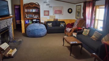 TV, fireplace, books