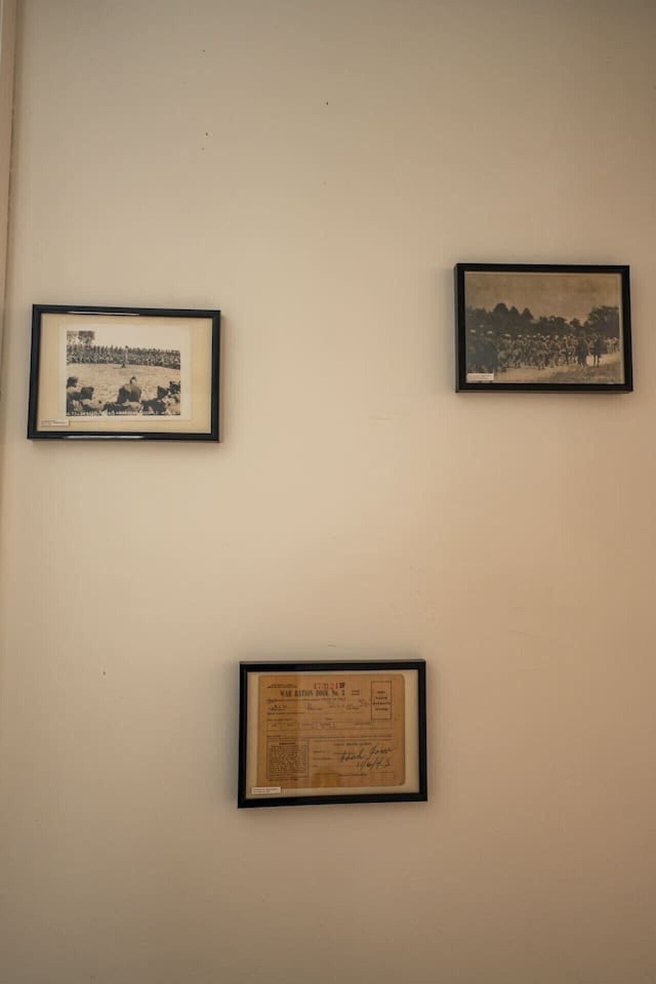 Three framed items on a wall: a black and white photograph of a crowd, another black and white photograph of a landscape, and a framed document.