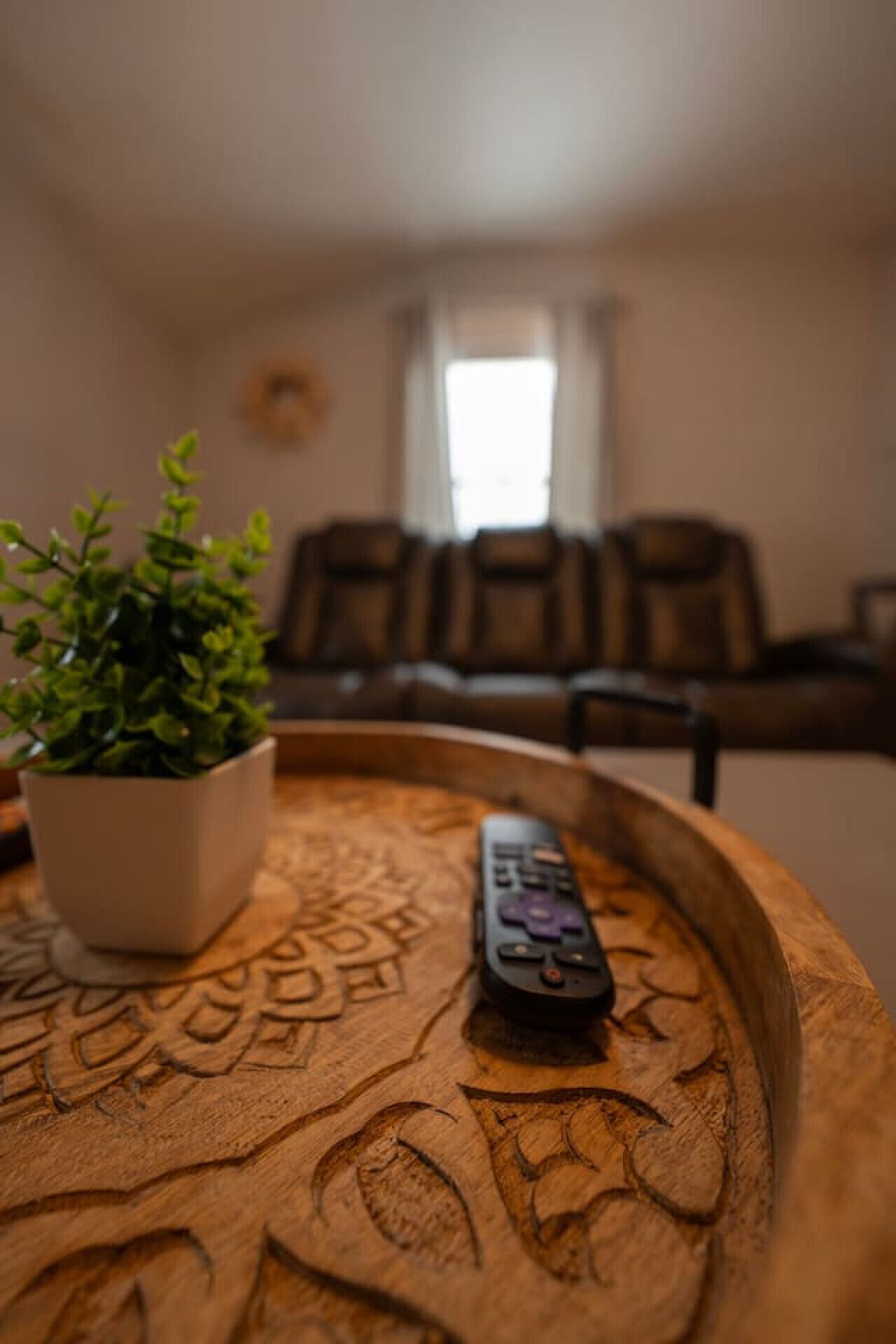 Une télécommande posée sur un plateau en bois, à côté d’une plante en pot.