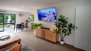 A modern living room with a flat-screen TV, a wooden cabinet, and a large potted plant.