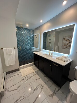 Shower, hair dryer, towels, soap