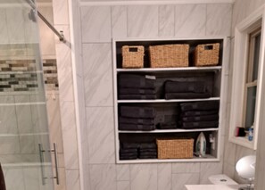 Chuveiro, secador de cabelo, toalhas de banho, sabonete