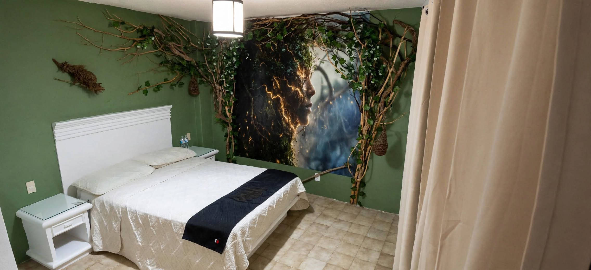 A bedroom with a bed, bedside tables, and a wall mural.