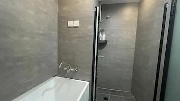 Hair dryer, bidet, towels, soap