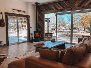 Smart-TV, Kamin, Bücher, Musikbibliothek