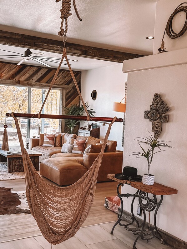 Smart TV, fireplace, books, music library