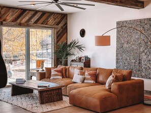 Smart-TV, Kamin, Bücher, Musikbibliothek