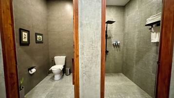 Une salle de bain équipée de toilettes, d’une douche et d’un porte-serviettes.