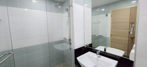 Hair dryer, towels, soap, toilet paper