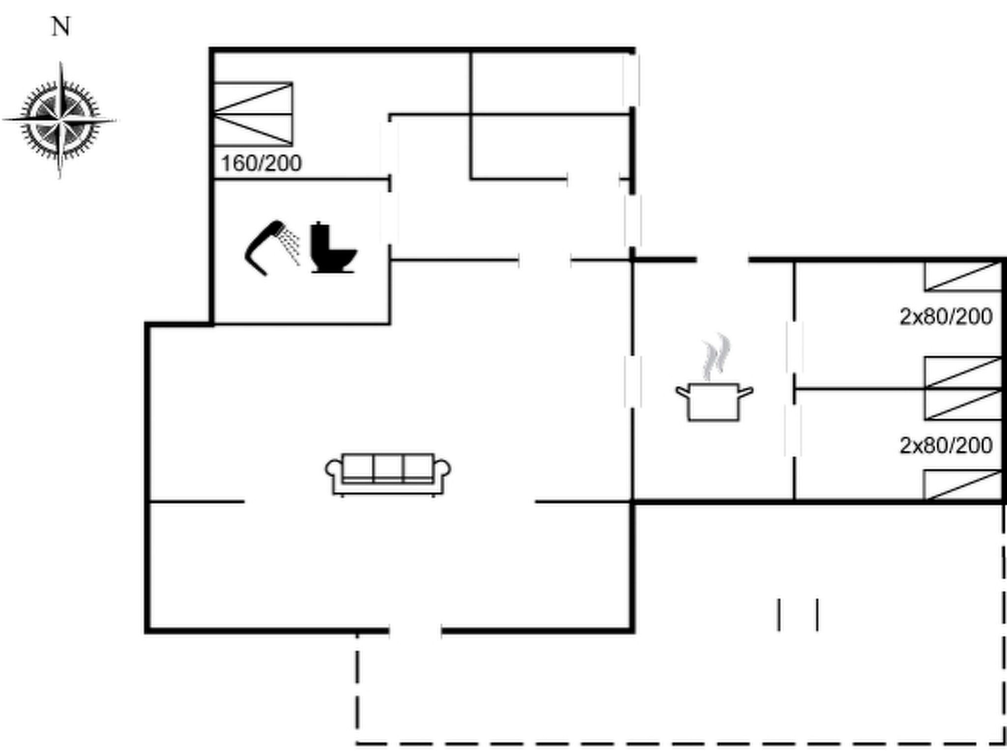 Ein Grundriss mit Badezimmer, Küche und Wohnbereich.