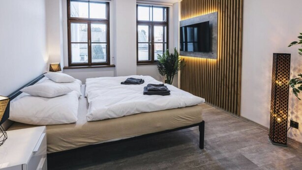 A modern bedroom with a bed, two windows, a TV mounted on a wooden panel, and a plant.