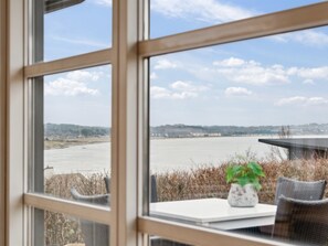 Une vue à travers une fenêtre, avec une table et des chaises, une plante et une rivière en arrière-plan.