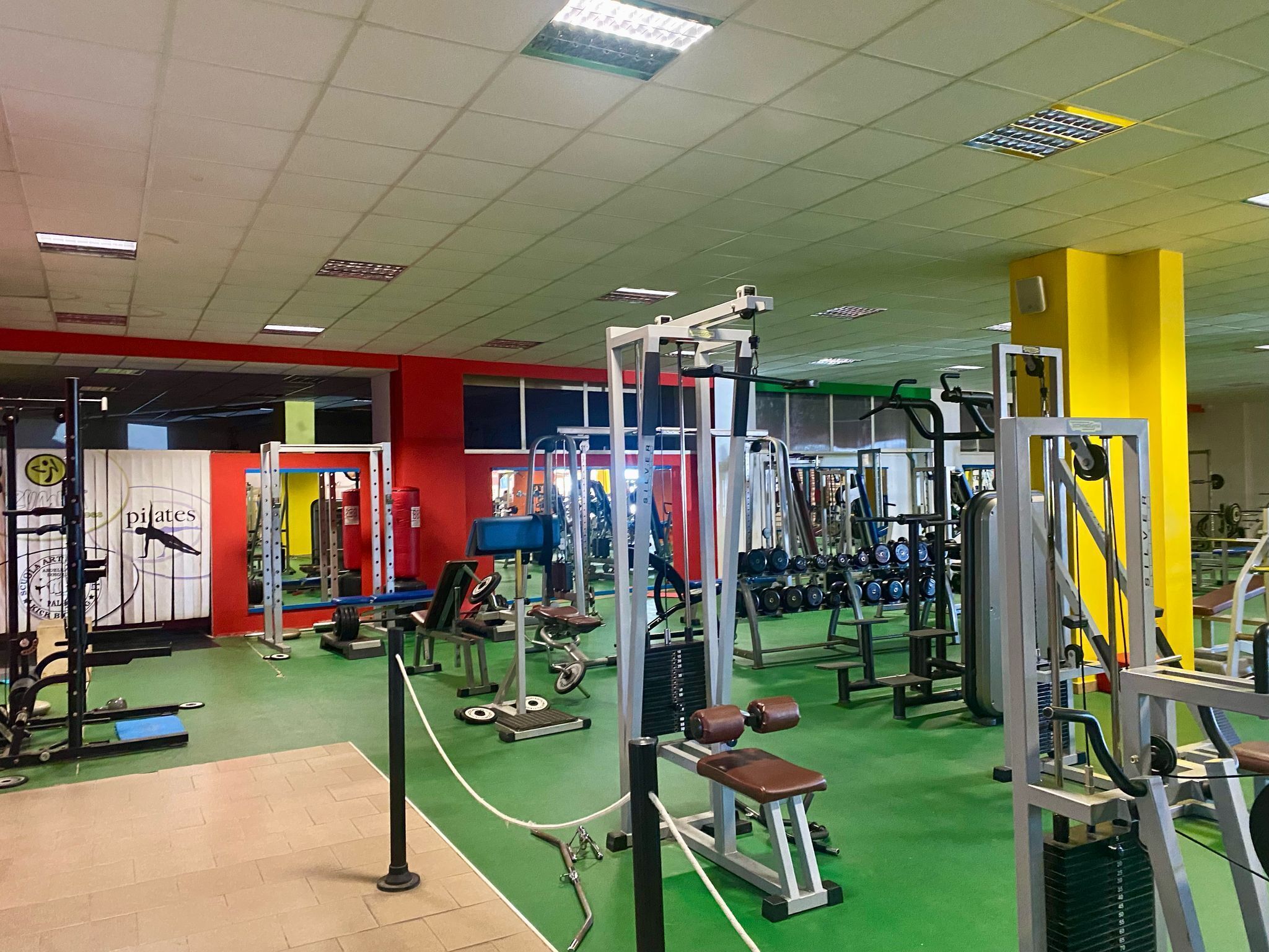 A gym with various exercise equipment, a green floor, and a red and yellow wall.