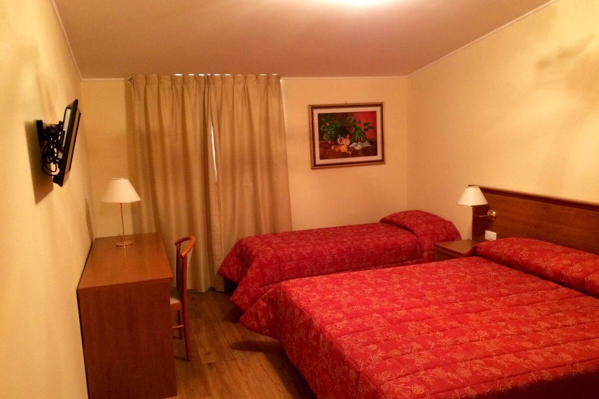 Habitación de hotel con dos camas, un escritorio, una silla, una lámpara, un cuadro y una ventana con cortinas.