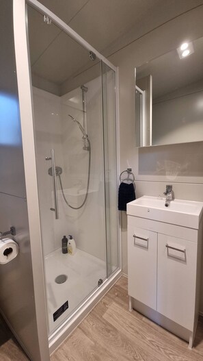 Chuveiro, secador de cabelo, toalhas de banho, sabonete