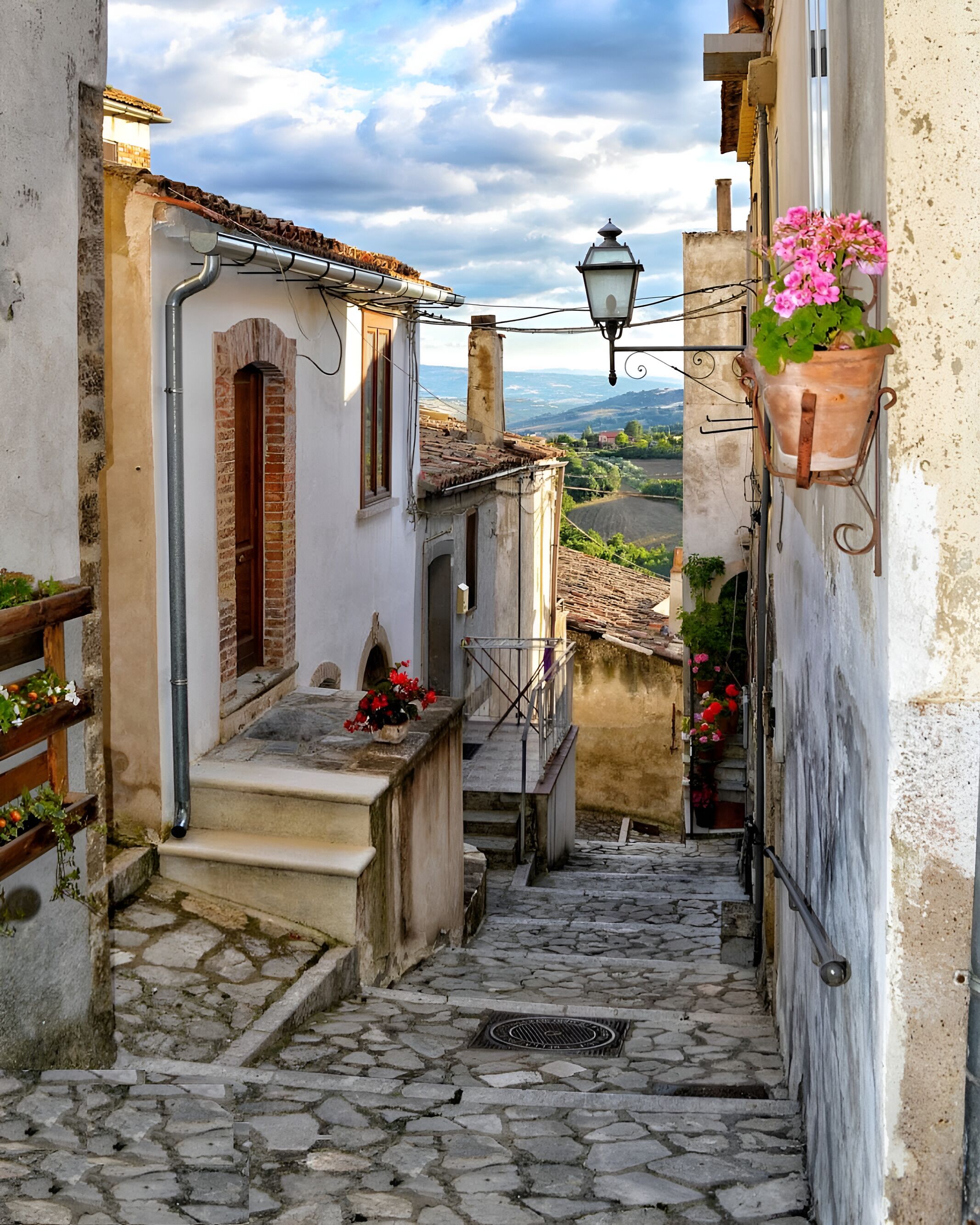 A narrow stone staircase leading to a building with a rustic facade, a metal lantern, and a flower pot on the wall.