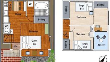 Plan d’une maison à deux étages comprenant une cuisine, un coin repas, des toilettes, deux chambres, un balcon et un lit simple.