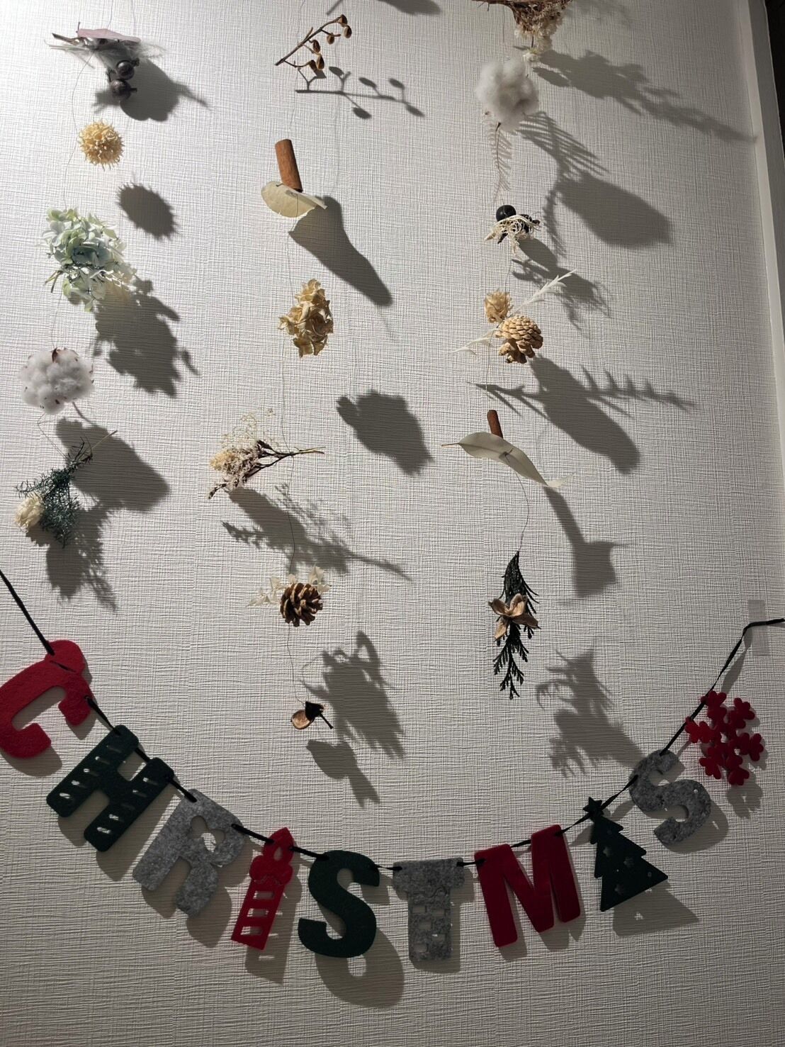 A Christmas decoration with a banner spelling "CHRISTMAS" and various ornaments.