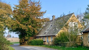 Ein traditionelles Steinhaus mit geneigtem Dach, einem sichtbaren Schornstein und einer schmalen Straße davor.