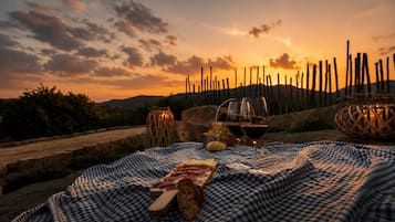 Un montaje para un picnic con una manta a cuadros, una tabla de madera con queso y pan, dos copas de vino y una cesta de pan.