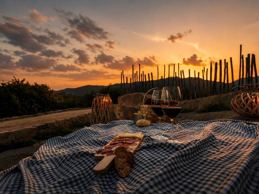 Un montaje para un picnic con una manta a cuadros, una tabla de madera con queso y pan, dos copas de vino y una cesta de pan.