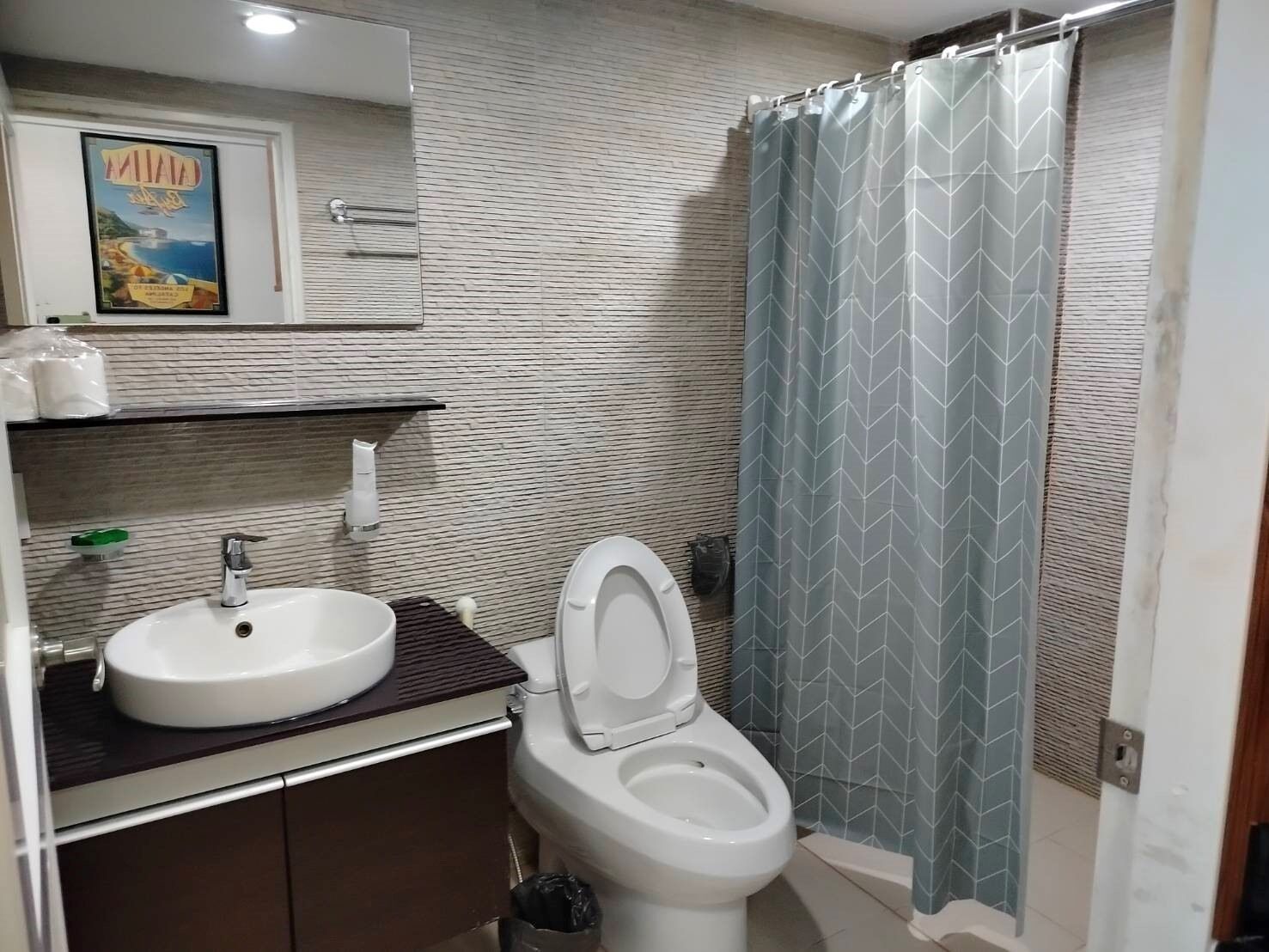 Shower, towels, soap, toilet paper