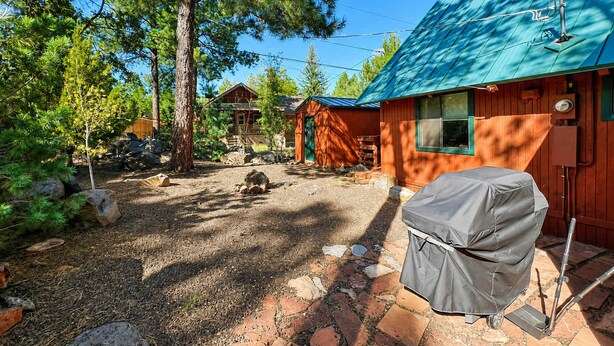 A cabin with a covered patio, a barbecue grill, and a stone pathway leading to the entrance.