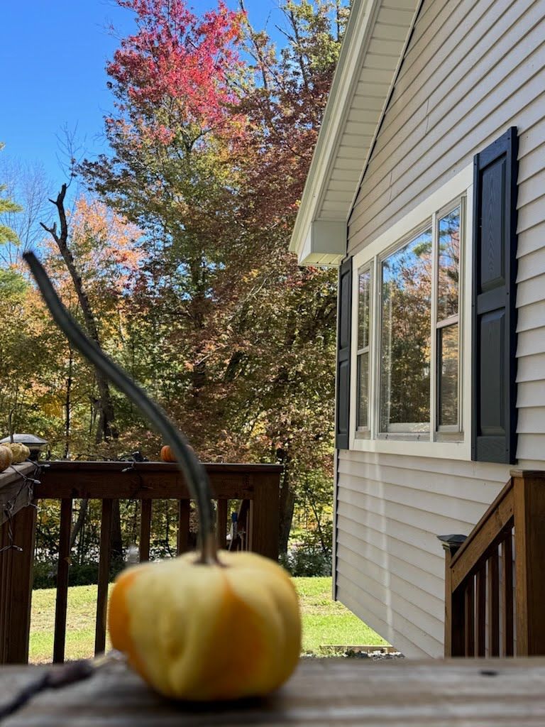 A house with a porch and a pumpkin in the foreground.