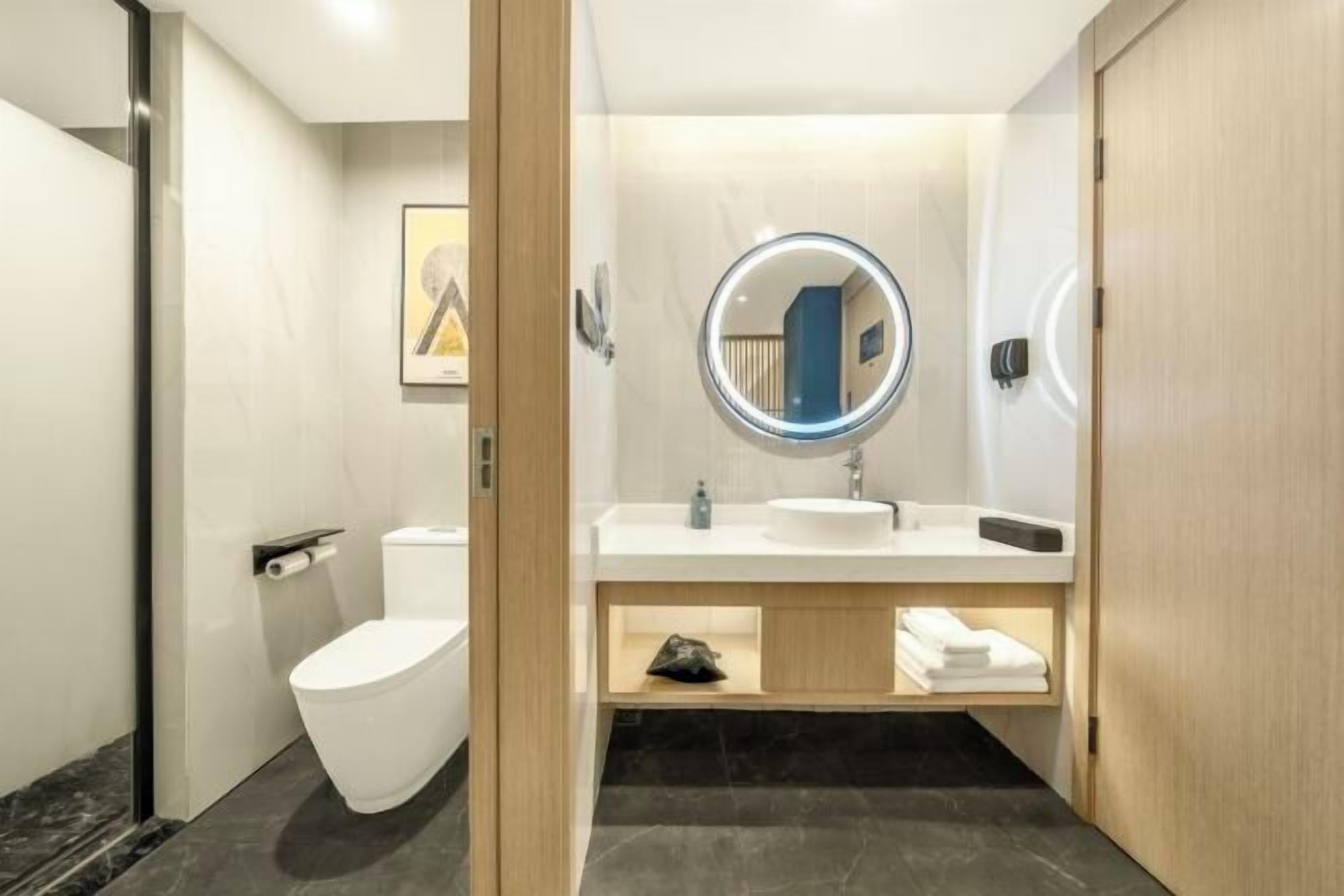 A modern bathroom with a toilet, sink, and mirror.